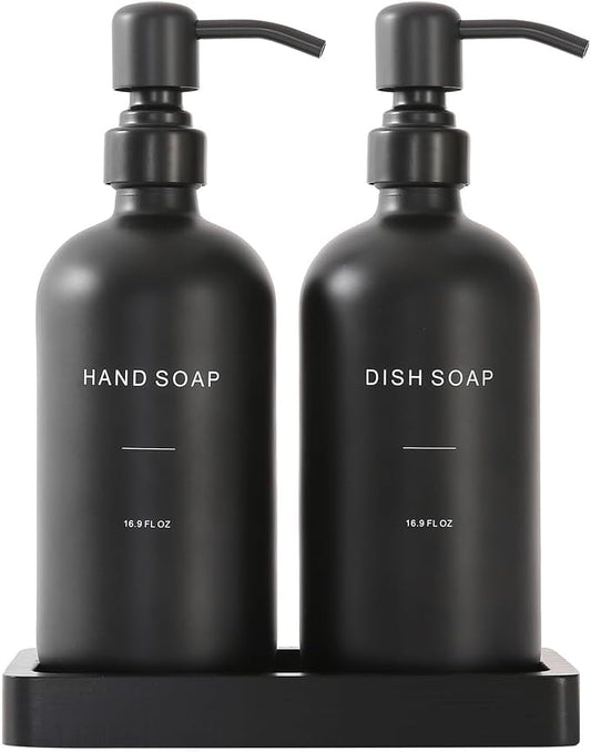 Lotion Dispenser Soap Dispenser Set Glass Multi-Scene soap Bottle(Black Bottle+Black Pump)