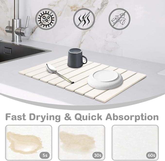 Large Stone Dish Drying Mat for Kitchen Counter, Quick Dry Dish Drying Mats, Foldable Absorbent Diatomaceous Earth Mats for Plate Rack Bottles Cups, Match Any Countertop (White 24"×16" & 8"x4")