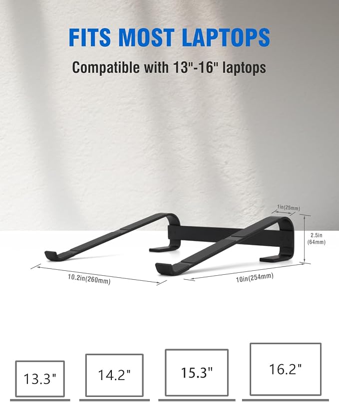 Laptop Stand for Desk, Ventilated Aluminum Laptop Riser, Black | Stable Typing Support, Fixed 17° Angle, 2.5 in Lift, Silicone Pads, Open Airflow, Fits Most 11–16 in Laptops, Tool Included