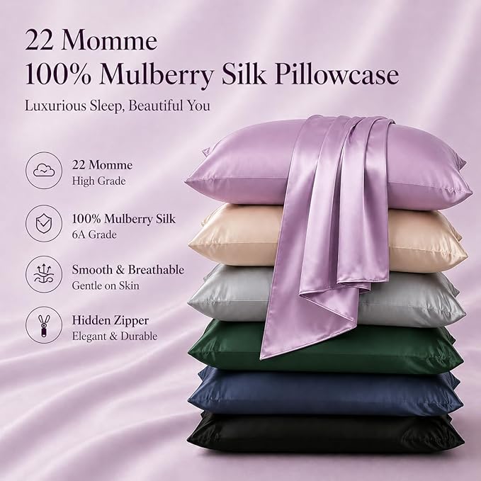 Purple Silk Pillowcase for Hair and Skin Made in USA, Pure 22 Momme Silk Pillow Cases Queen with Zipper, 6A Grade, Anti Aging, Anti Acne, Hypoallergenic, 1 Pc 20"x30" (Queen, Purple)