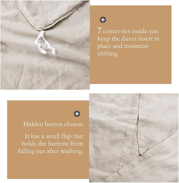 Simple&Opulence 100% Washed Linen Duvet Cover with Pom Pom Trim, Natural French Flax Bedding Set Soft Breathable,1 Farmhouse Boho Comforter Cover and 2 Pillow Shams(King,Natural Linen)