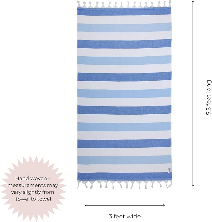 InfuseZen Terry Cloth Lined Turkish Bath & Beach Towel – Striped Design - 100% Organic Turkish Cotton - Soft, Lightweight, Absorbent Peshtemal - Quick Dry for Beach, Bath, Throw, Travel - Royal Blue