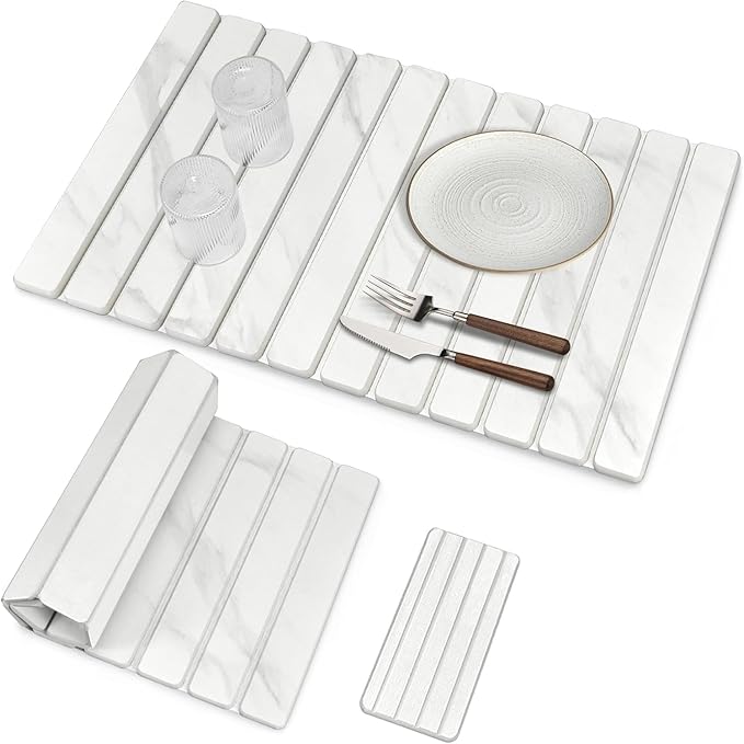 Large Stone Dish Drying Mat for Kitchen Counter, Quick Dry Dish Drying Mats, Foldable Absorbent Diatomaceous Earth Mats for Dishes Bottles Cup, Match Any Countertop (White Marble 28"×16" & 8"x4")