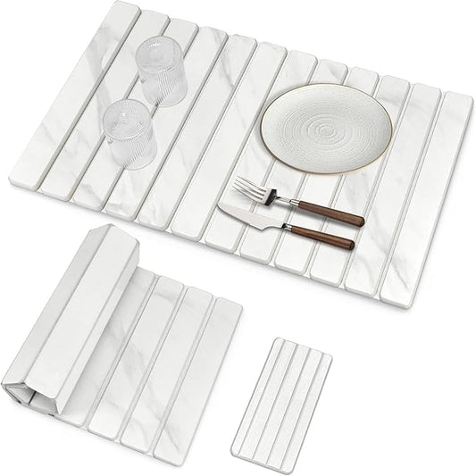 Large Stone Dish Drying Mat for Kitchen Counter, Quick Dry Dish Drying Mats, Foldable Absorbent Diatomaceous Earth Mats for Dishes Bottles Cup, Match Any Countertop (White Marble 28"×16" & 8"x4")