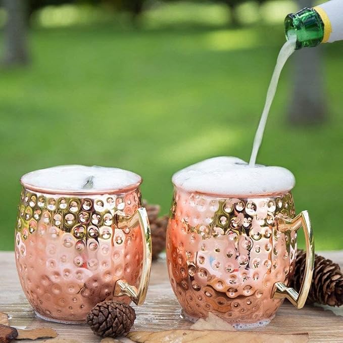 BOLD & DIVINE Copper Plated Moscow Mule Mugs Set of 2 | 18 Oz Hammered Cups with 304 Stainless Steel Lining and Gold Brass Handles | Bonus Copper Straws, Shot Glass & Cleaning Brush