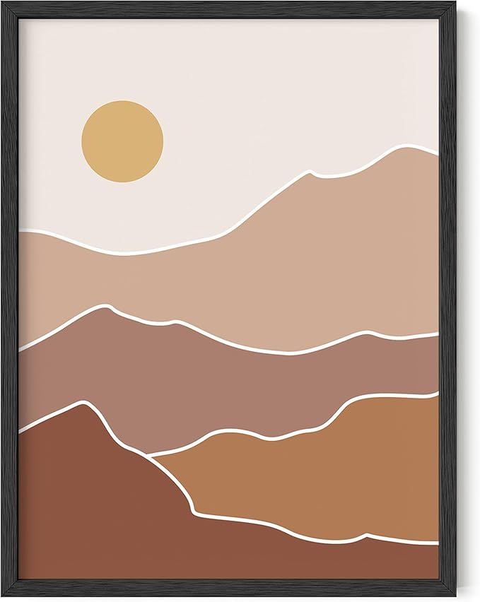 Y2K BOO Abstract Mountain Landscape UNFRAMED Wall Art Sun Rolling Hills Earth Tones Terracotta Mid Century Modern 12x16 Inch Heavyweight Paper Minimalist Studio Decor