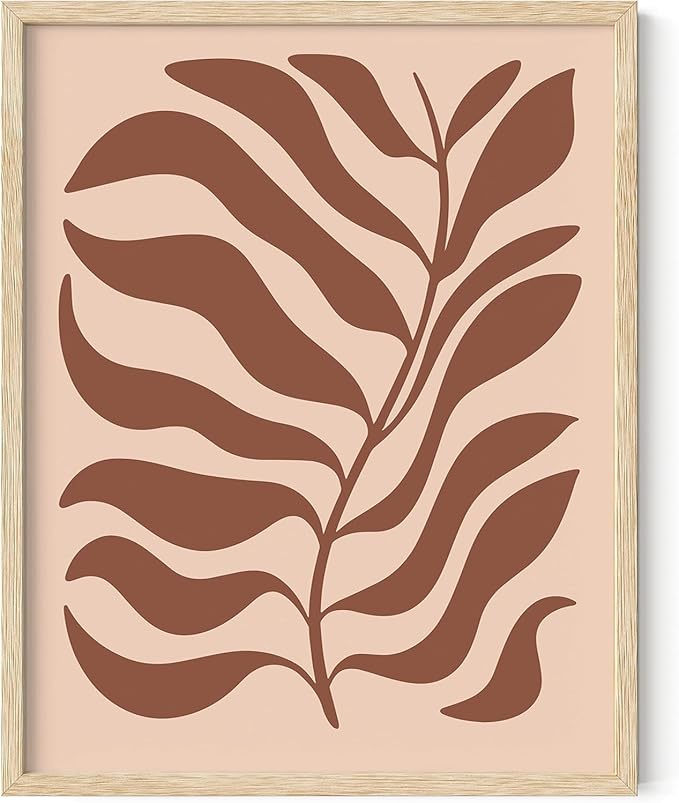 Abstract Organic Leaf Silhouette Wall Art Botanical Shapes Earth Tones Terracotta Mid Century Modern 11x14 Inch Oak Wood Beige Framed Minimalist Print for Bedroom Decor