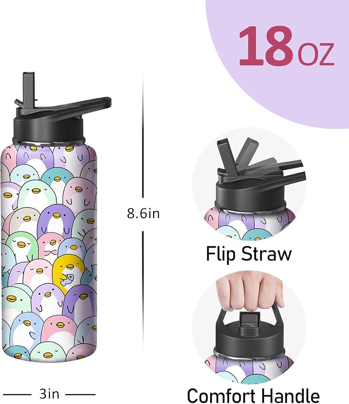 18oz Penguin Water Bottle with Handle and Flip Straw, Animal Sports Stainless Steel Insulated Cup Travel Coffee Mug Tumbler, Birthday Mothers Day Chritmas Gifts for Women
