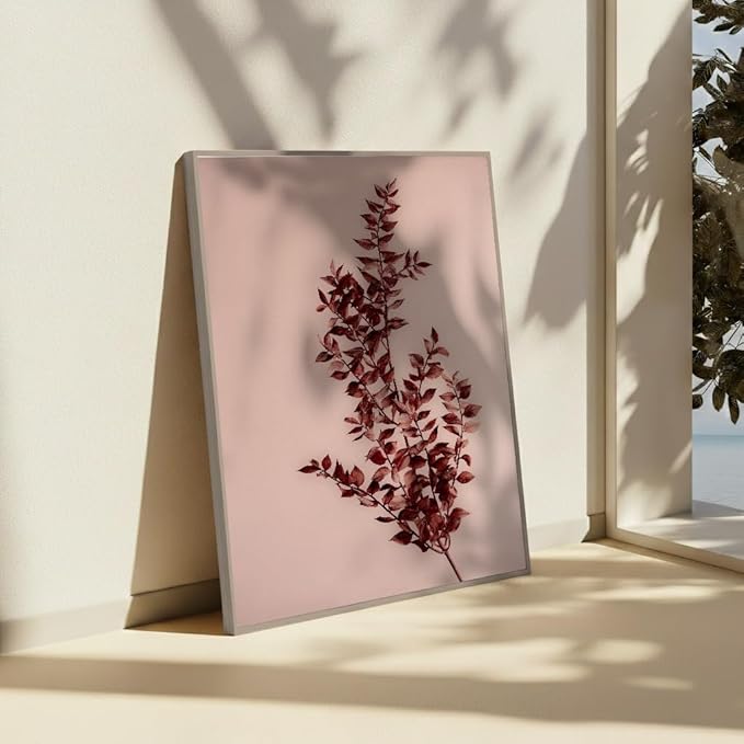 Monem Art Dried Red Botanical Branch Print - Minimalist Boho Nature Poster - Wall Decor for Living Room, Bedroom or Office - 8x10 Silver Framed CANVAS Wall Art by Mareike Bohmer