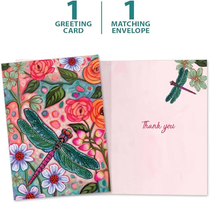 Tree-Free Greetings Bright Dragonfly Thank You Card - 1 Recycled 5x7 Card & Matching Envelope, Thick Cardstock, Made in USA - Artful Vibrant Garden