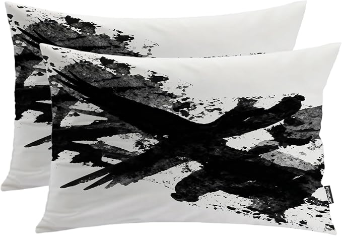 Shrahala Ink Black Hand Painted Pillowcases, Graphic White Brush Stroke Lumbar Pillow Cover Decorative Blended Double-Sided No Inserts for Bedroom Sofa Living Room Set of 2 (26 X 20 in)