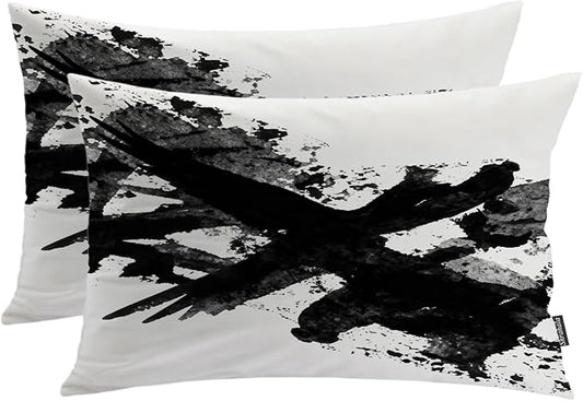 Shrahala Ink Black Hand Painted Pillowcases, Graphic White Brush Stroke Lumbar Pillow Cover Decorative Blended Double-Sided No Inserts for Bedroom Sofa Living Room Set of 2 (26 X 20 in)
