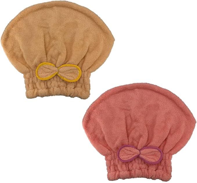 2 Pack Microfiber Hair Towel with Bow Tie ，Quick Absorbent Drying Towel for Women，Drying Hair Wrap Towels Shower Cap for All Hair Style