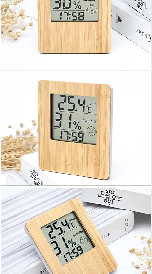 Weather Display Digital Wooden Clock - Desktop Thermometer Hygrometer Alarm Clock for Bedroom & Living Room