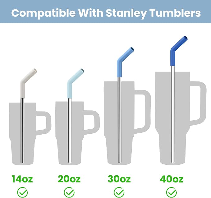 Tomorotec 6-Pack Reusable Stainless-Steel Straws with Silicone Tips, 3 Sizes Compatible with Stanley Tumblers 40OZ 30OZ 20OZ 14OZ, Dishwasher Safe, Includes 2 Cleaning Brushes (Ocean Gradient)