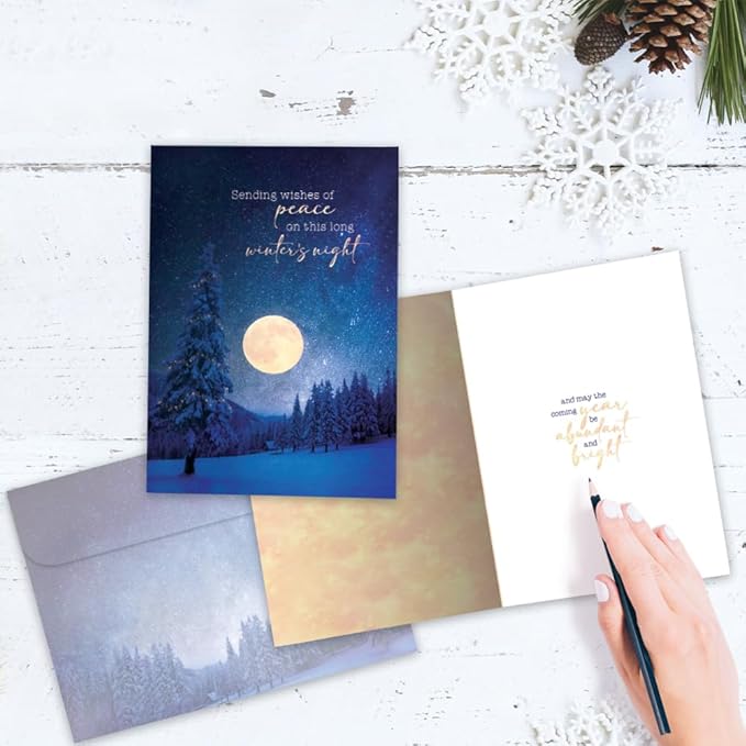 Tree-Free Greetings Peace in Winter's Night Solstice Cards - 10 Recycled 5x7 Cards & Matching Envelopes, Thick Cardstock, Sustainably Made in USA - Bright Full Moon