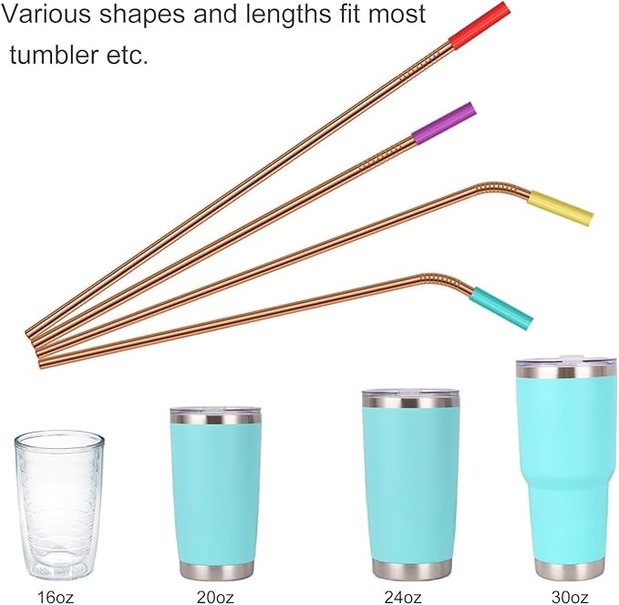 20 Pcs Rose Gold Reusable Stainless Steel Straws,10.5" & 8.5" Reusable Drinking Straws with 20 Silicone Tips 5 Straw Brushes 1 Travel Case,Eco Friendly Extra Long Metal Straw for 20 24 30 oz Tumbler