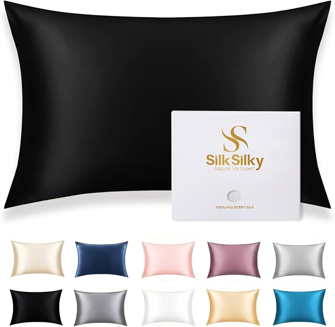 SilkSilky 100% Mulberry Silk Pillowcase - Pure 22 Momme High-Grade 6A Fibers for Hair & Skin, Hidden Zipper, Natural, Organic, Breathable & Cooling Pillow Case (Queen 20''x30'', Black)