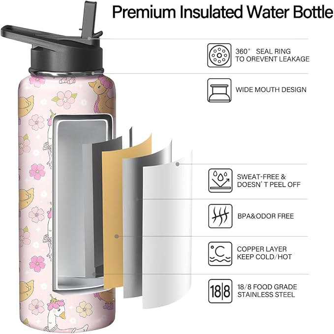 40oz Pink Duck Water Bottle with Handle and Flip Straw, Animal Sports Stainless Steel Insulated Cup Travel Coffee Mug Tumbler, Birthday Mothers Day Chritmas Gifts for Women