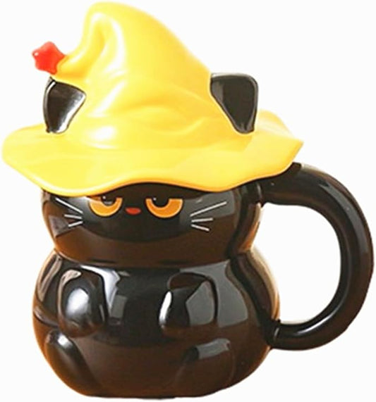 Coffee Mug Cups Ceramic Tea Cup Cute 3D Bichon Frise Dog Shaped Handmade Pottery Cute Mugs Handle Office Home Hot Ice Chocolate Milk Mugs Gifts Microwave Dishwasher Safe 14 Oz Travel Mug (Black cat)