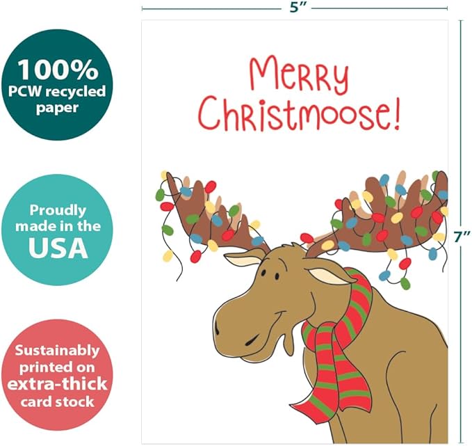 Tree-Free Greetings - Season's Greeting Cards - Artful Designs - 10 Cards + Matching Envelopes - Made in USA - 100% Recycled Paper - 5 x 7 - Merry Christmoose (HB30409)