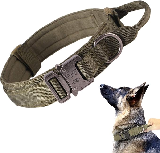 Tactical Dog Collar Adjustable Military Nylon Dog Collar with Control Handle and Heavy Duty Metal Buckle for Medium and Large Dogs (Green,XXL)