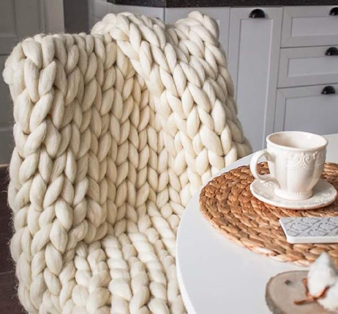 Chunky Knit Blanket Hand Made Merino Wool Throw Boho Bedroom Sofa Home Decor Giant Yarn(Ivory White 40"x40")