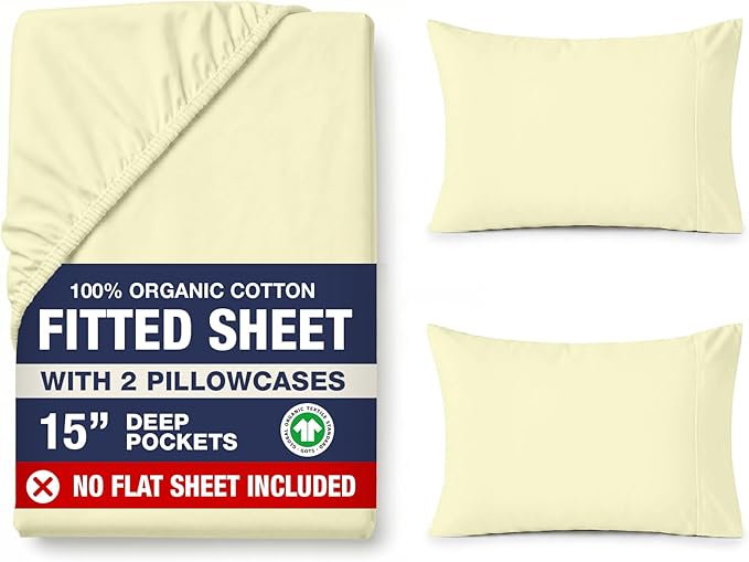 LANE LINEN Full Fitted Sheet, 100% Organic Cotton, 3-Piece Set (1 Fitted Sheet,2 Pillowcases), Percale Weave, Bed Bottom Sheet, Ultra Soft, Fits Mattress Upto 15" Deep - Vanilla(No Flat Sheet)