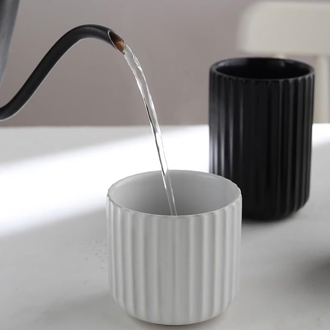 Nordic Ceramic Mug, Japanese Tea Cup 10oz Striped Cup No Handle Drinking Cup for Latte Milk Water Beverage Juice Microwave and Dishwasher Safe (Matte White)