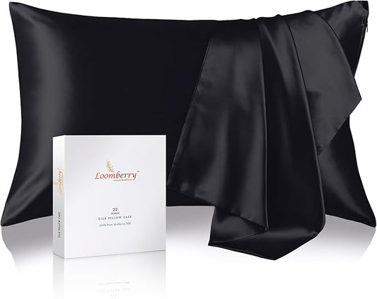 100% Pure Mulberry Silk Pillowcase for Hair and Skin, 6A Grade 22 Momme Silk Pillow Cases with Zipper, Soft Cooling Washable Both Sided Silk Pillow Cover (Black, Standard 20''x26’’)