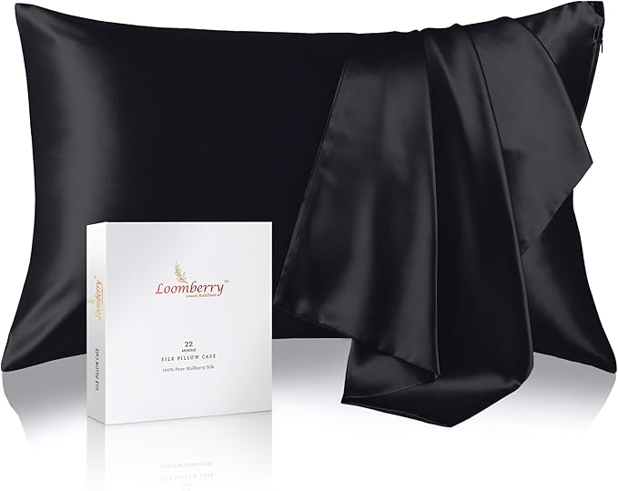100% Pure Mulberry Silk Pillowcase for Hair and Skin, 6A Grade 22 Momme Silk Pillow Cases with Zipper, Soft Cooling Washable Both Sided Silk Pillow Cover (Black, Queen 20''x30'')