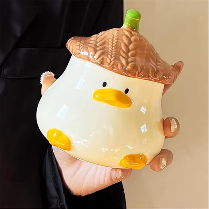 Coffee Mug Cups Ceramic Tea Cup Duck Animal Shaped Handmade Pottery Cute Mugs With Textured Lid Handle Office Home Hot Ice Chocolate Milk Mugs Gifts Microwave Dishwasher Safe 13 Oz Travel Mug (Brown)