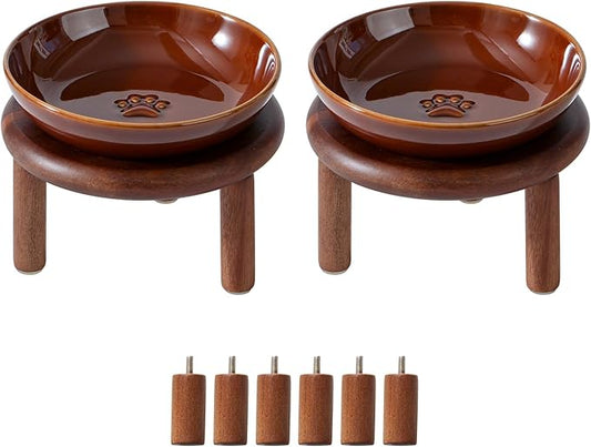 Havniva Elevated Cat Bowls Raised Ceramic Cat Bowl, 5.7” Wide Opening Cat Food Bowl Whisker Friendly Cat Dish Anti-Slip with Wood Stand, Shallow Pet Food & Water Bowl for Indoor Cats