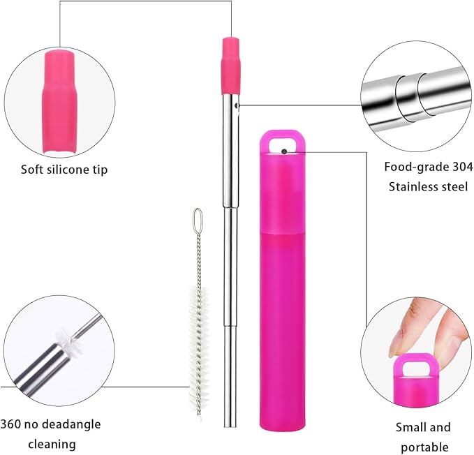NAIVELY-Metal Reusable Straws, 2 Pack Collapsible Portable Stainless Steel Straws, with Plastic Housing Silicone Tips and Cleaning Brush, Retractable Portable Pocket Drinking Straws