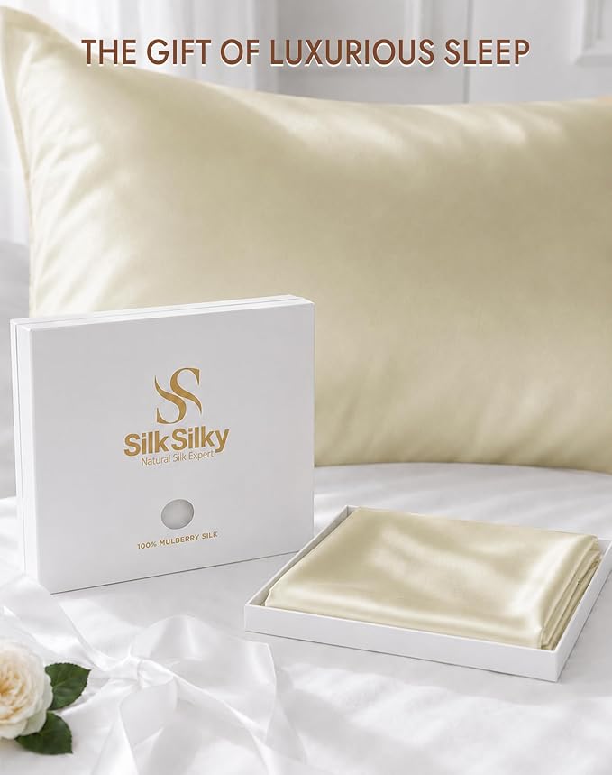 SilkSilky 100% Pure Organic Mulberry Silk Pillowcase for Hair & Skin, Both Sides Grade 6A Pillow Cases with Hidden Zipper, Breathable Cooling Silk for Beauty Sleep (Standard 20''x26'', Beige)