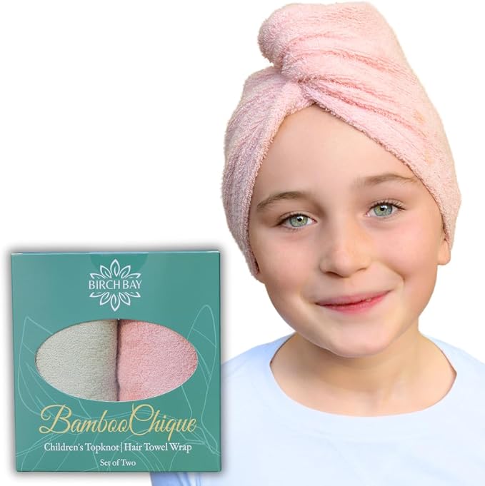 Kids Hair Towel Wrap | 100% Bamboo Viscose |Tailored Small | Essential Hair Drying Wrap for Bath, Beach, Pool and Spa | Hair Accessory for Girls | Set of 2 | Sea Moss Green + Coral Sand