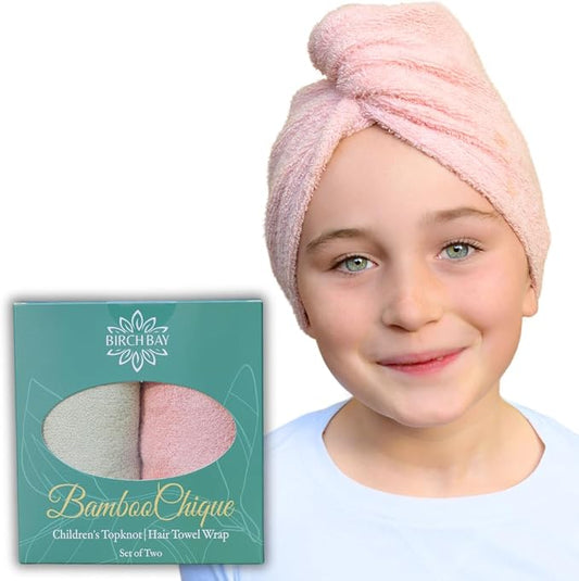 Kids Hair Towel Wrap | 100% Bamboo Viscose |Tailored Small | Essential Hair Drying Wrap for Bath, Beach, Pool and Spa | Hair Accessory for Girls | Set of 2 | Sea Moss Green + Coral Sand