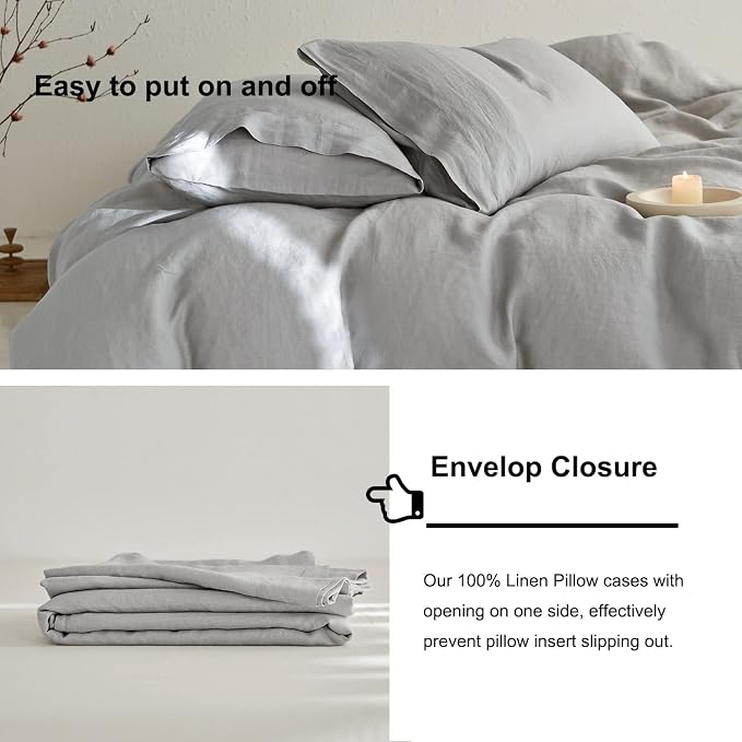 TOSMO Linen Duvet Cover Set, 100% French Flax Natural Linen Bedding 3pcs Set, Soft Breathable for Hot Sleepers 1 Duvet Cover and 2 Pillowcases (Light Grey, Queen)