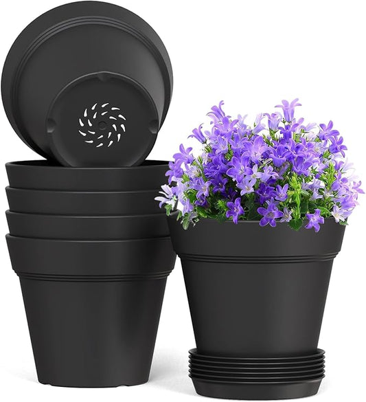 WSMKSZ 6 Inch Thick Plastic Plant Pots with Drainage Holes and Trays – 6 Pack Nursery Pots for Indoor & Outdoor House Plants, Seedling Starter Planters for Garden Flowers, Matte Black