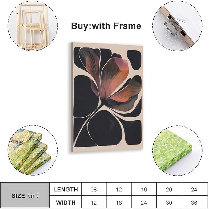 Abstract Floral Wall Art Prints Set of 2 Modern Mid Century Botanical Canvas Painting Posters Black Orange Flower Picture Wall Decor Aesthetic for Bedroom Home Decor 8x12inch Wrapped Framed