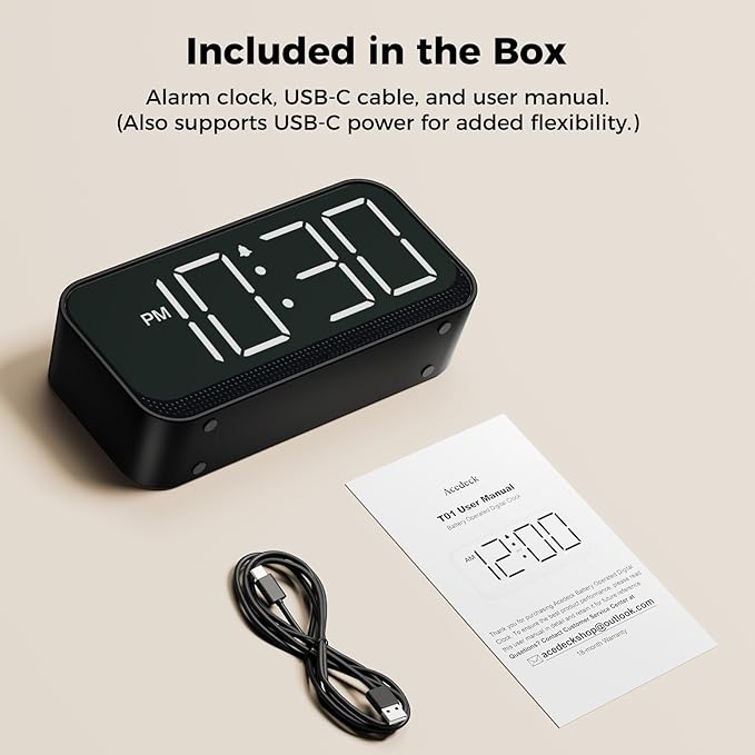 Acedeck Battery Operated Digital Clock: Cordless Small Alarm Clock for Bedroom Travel - Large Numbers 4 Dimmers for All Ages White Digits