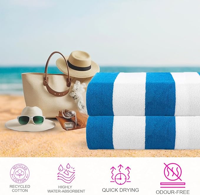 CASA COPENHAGEN Cabana Towels 2Pcs Teal Blue Designer Stripe Beach Bathsheet Towels Gift Set, 35"x70" Oversized 100% Cotton Pool Bath Sheet (Summer Gift Set for Women & Men)