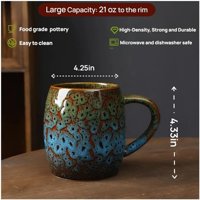 21oz Large Handmade ceramic Mug, Big Ceramic Tea Cup, Durable and Heavy Microwave and Dishwasher Safe Pottery Coffee Mug with Handle, Reactive Glaze Stoneware Clay coffee mug (Blue and Green)
