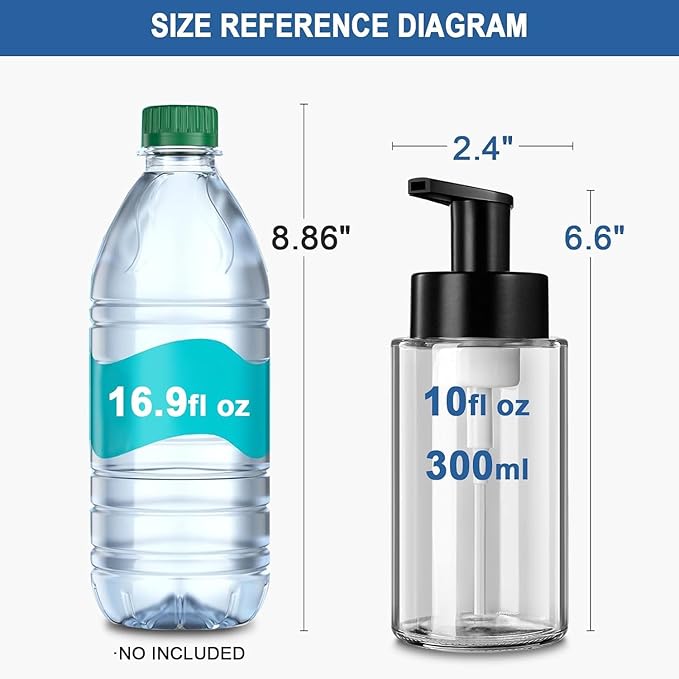 RYTOXILO Foaming Soap Dispenser, 10 oz/300ml Foaming Hand Soap Dispenser, 2 Pack Glass Foaming Soap Dispenser for Bathroom Kitchen, Clear Refillable Foam Soap Dispenser Bottle with Waterproof Labels