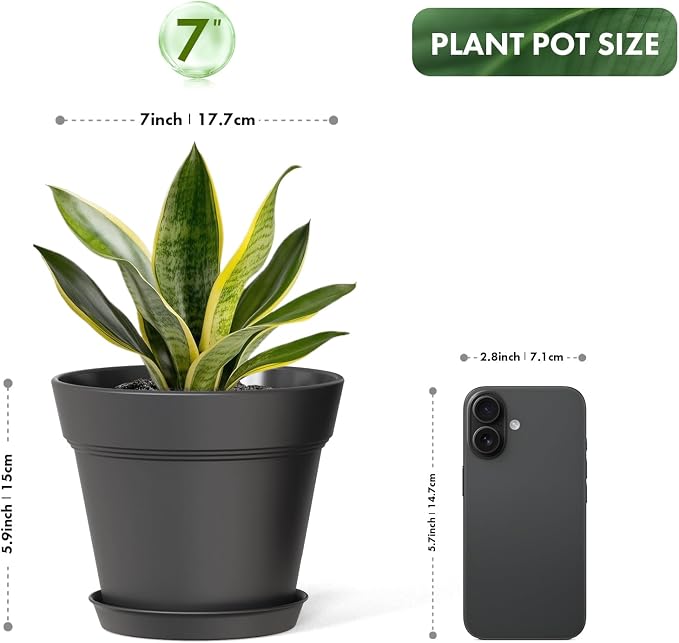 WSMKSZ 7 Inch Thick Plastic Plant Pots with Drainage Holes and Trays – 6 Pack Nursery Pots for Indoor & Outdoor House Plants, Seedling Starter Planters for Garden Flowers, Matte Black