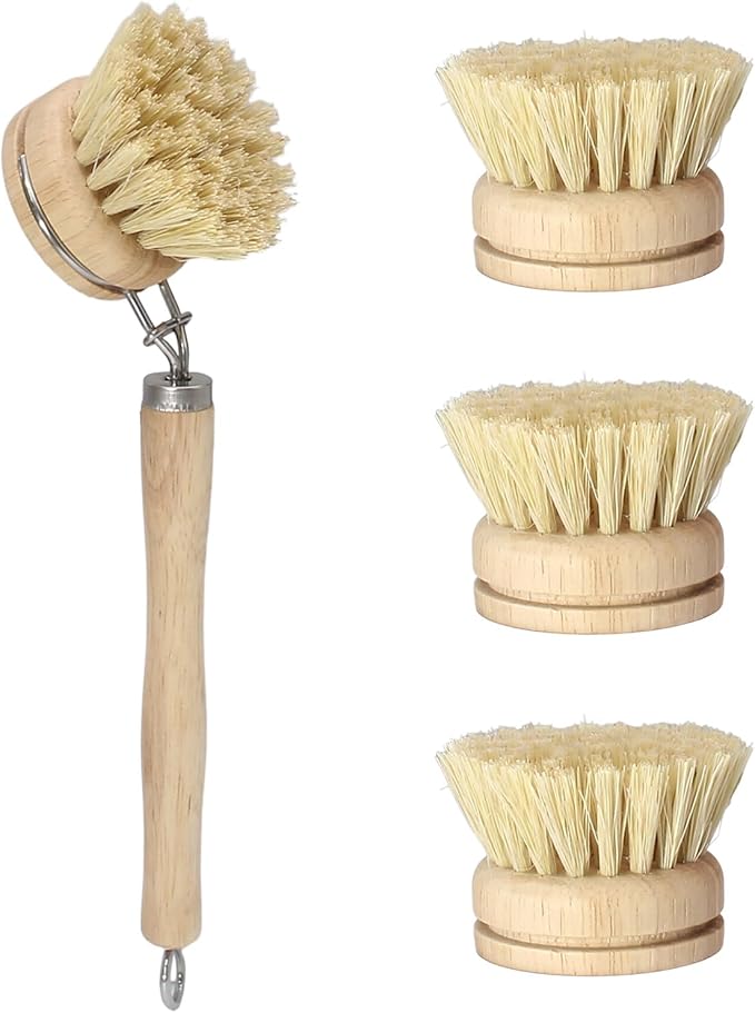 Wooden Dish Brush Set, 4 Natural Bristle Replacement Heads with 1 Sturdy Wooden Handle, Sisal Kitchen Scrub Brush for Pots, Pans, Vegetables and Cookware
