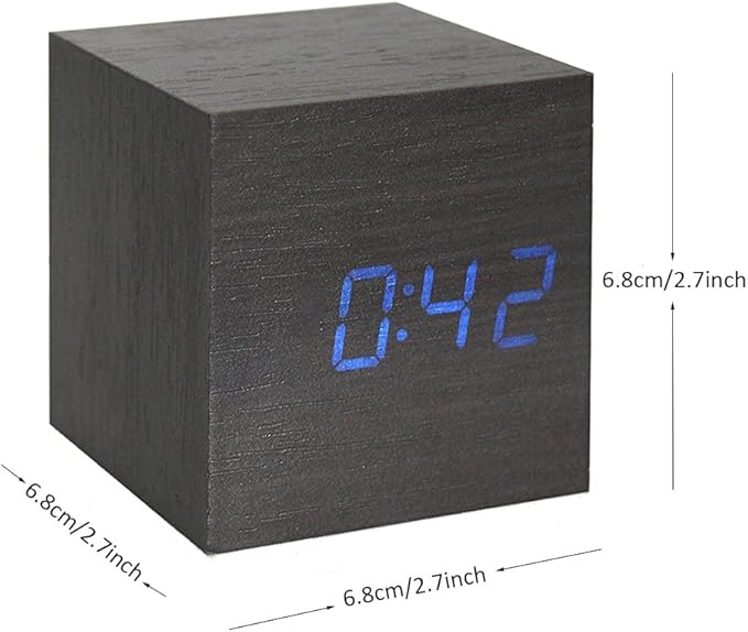 Onerbuy Wooden Digital Cube Alarm Clock Touch Sound Activated Desk Clock Portable Travel Clock with LCD Display for Time, Temperature, Calendar, 3 Alarm Settings (Black)