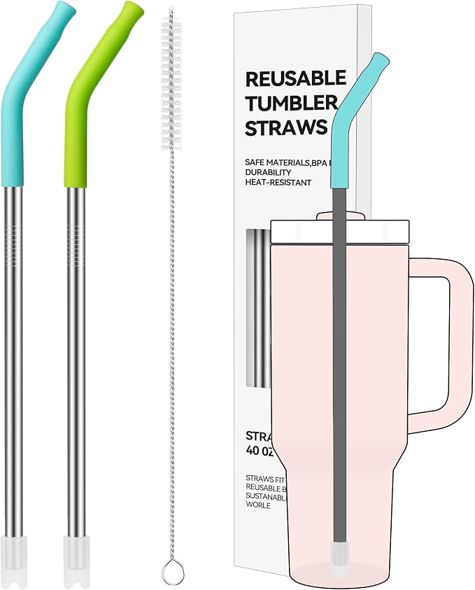 2 PCS 40oz Metal Straws for Stanley 40oz Cup & 64oz Jugs | Extra-Long Stainless Steel Straws with Removable Silicone Tips, Fits Large Tumblers & Oversized Mugs