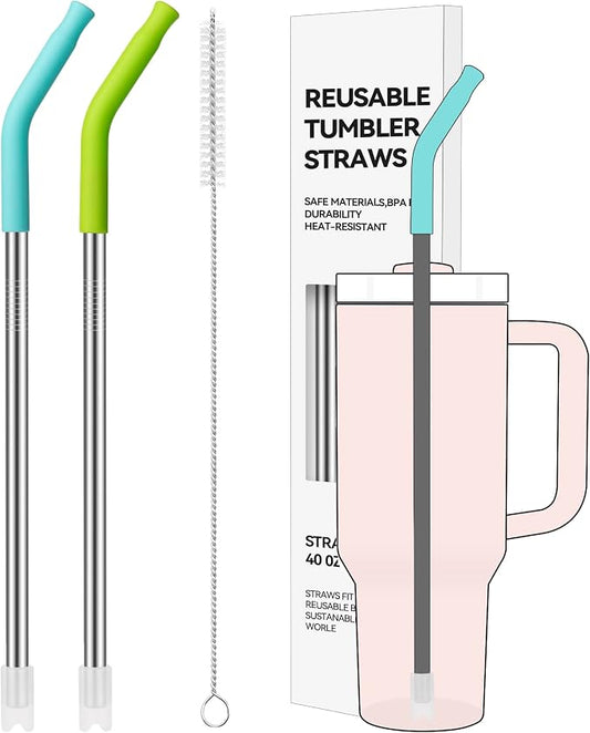 2 PCS 40oz Metal Straws for Stanley 40oz Cup & 64oz Jugs | Extra-Long Stainless Steel Straws with Removable Silicone Tips, Fits Large Tumblers & Oversized Mugs