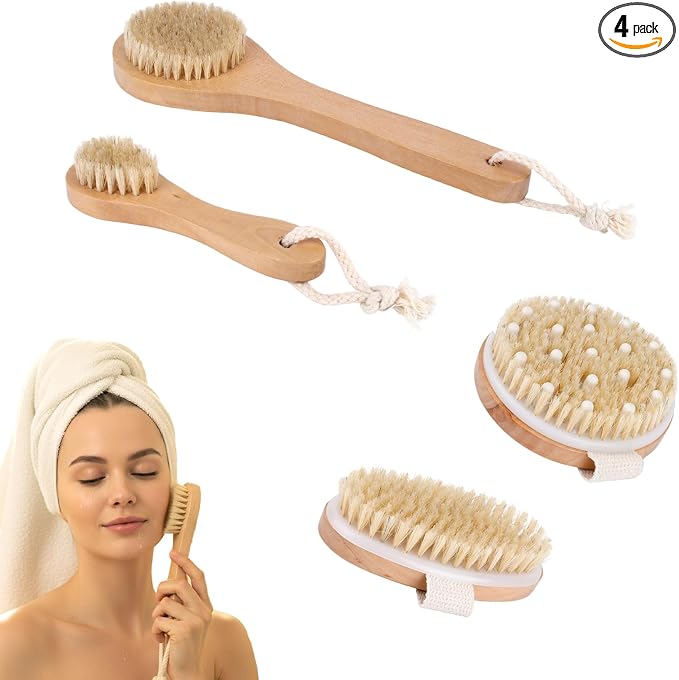 Dry Brush Set-4 Packs Natural Boar Bristle Dry Brushing Body Brush Exfoliating, Face, Foot, Bath Brush for Face and Body for Cellulite Lymphatic Drainage(Set A)
